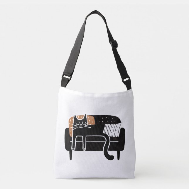 Vitsidig svart katt som sipprar på soffan axelväska (Framsida)