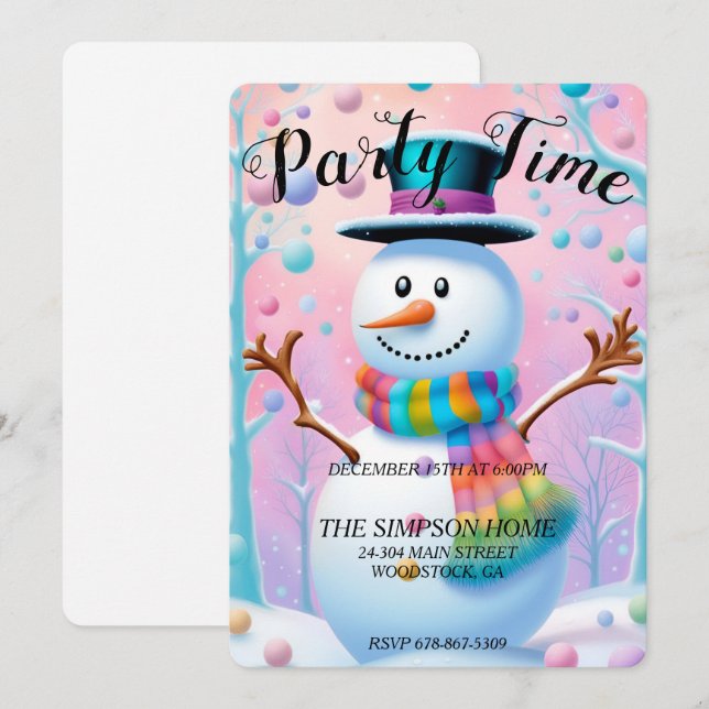 Vitsidigt kort för julinbjudan till Snögubbe (Fram/baksida)