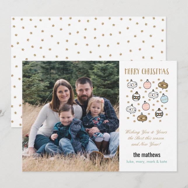 Vitsiga julprydnader och stjärnfoto julkort (Fram/baksida)