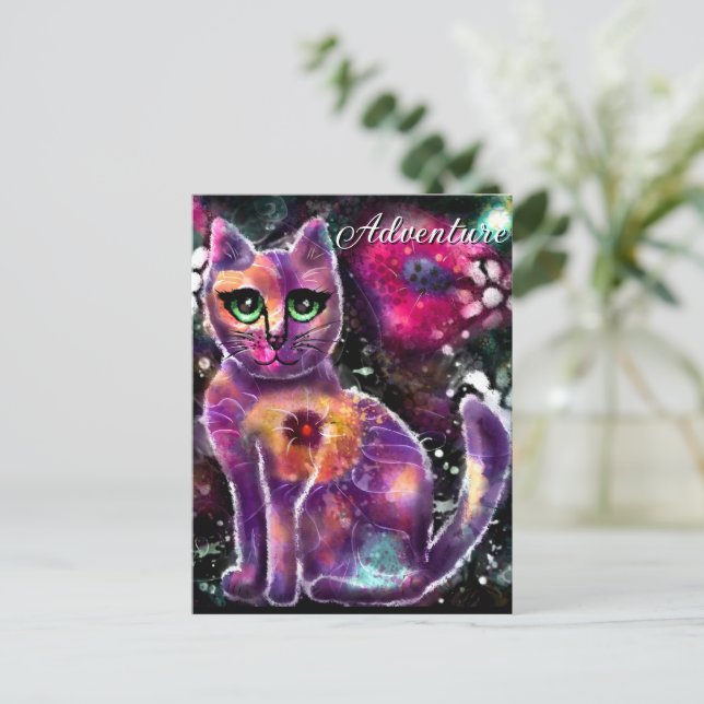 Vitsisk Abstrakt Blommigt Kattunge Black Rosa Vykort (Stående Fram)
