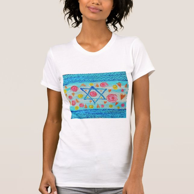 Vitsisk israelisk flagga med blommor och hjärta t shirt (Framsida)