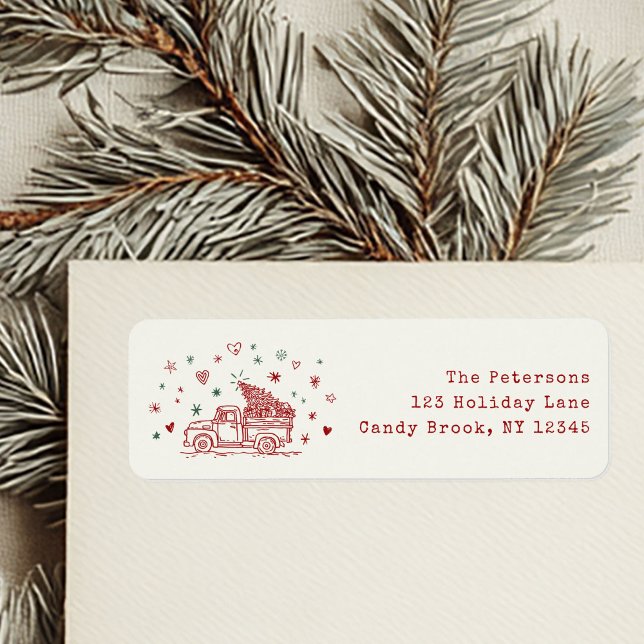 Vitsisk jul, Lastbil Retro Red och Grönt Returadress Etikett (Skapare uppladdad)