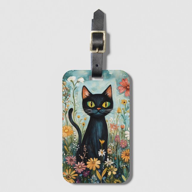 Vitsisk svart katt med Wildblommor Illustration Bagagebricka (Framsida vertikal)