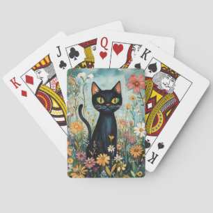 Vitsisk svart katt med Wildblommor Illustration Casinokort