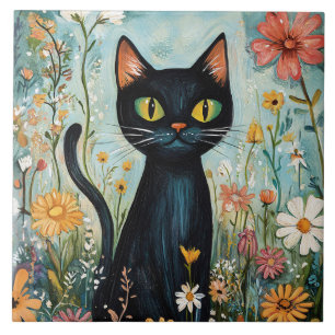 Vitsisk svart katt med Wildblommor Illustration Kakelplatta