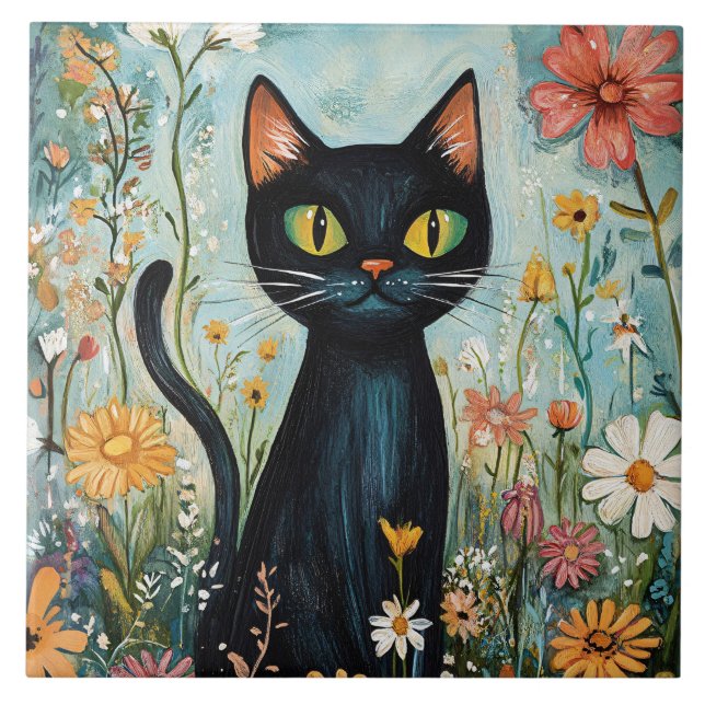 Vitsisk svart katt med Wildblommor Illustration Kakelplatta (Framsidan)