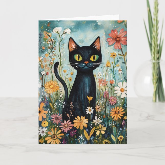 Vitsisk svart katt med Wildblommor Illustration Kort (Framsida)