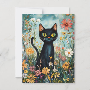 Vitsisk svart katt med Wildblommor Illustration Vykort