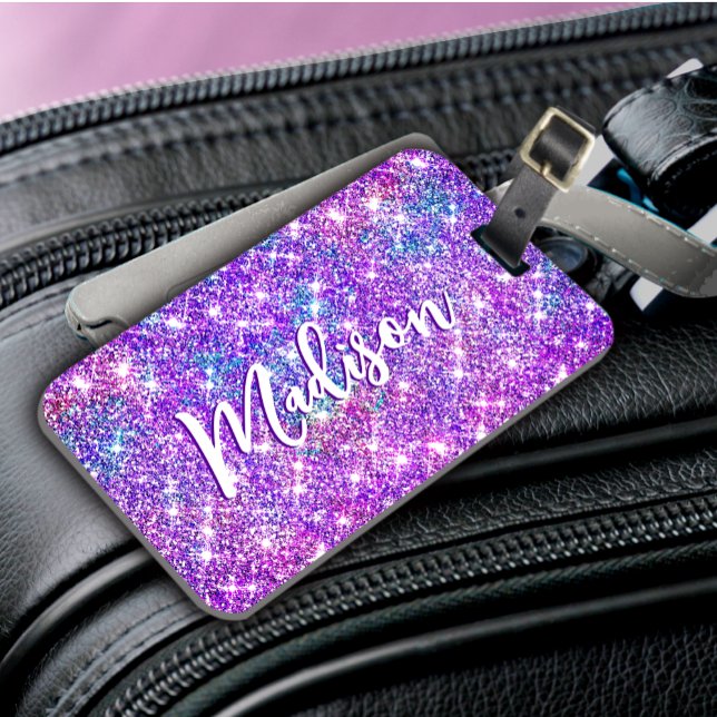 Vitsiskt enmajsmonogram lila glitter bagagebricka (Skapare uppladdad)