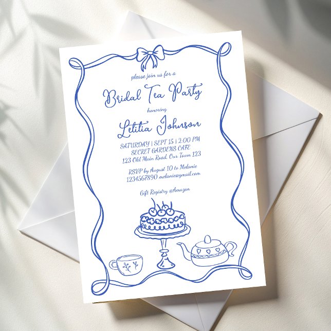 Vitsiskt möhippa av hand plockade party inbjudningar (Whimsical hand drawn bridal tea party invitation template dusty blue ribbon bow border tea invites)