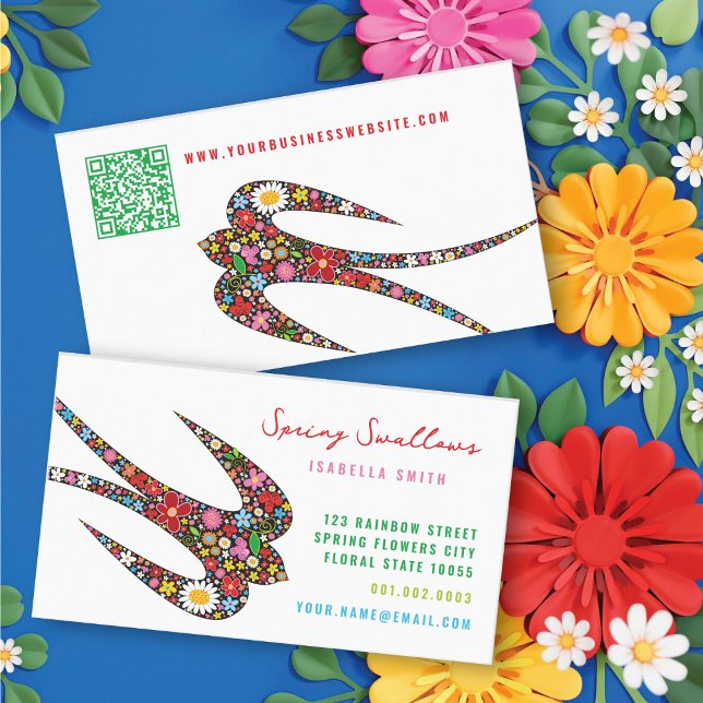 Vitsiskt Svälj fågel och färglöst Vår blommor Visitkort (Whimsical Swallow Bird And Colorful Spring Flowers Business Card @ fatfatin)
