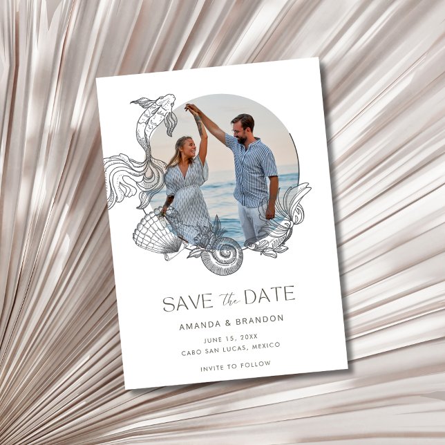 Vitsiskt utfall för målbröllop Spara datumet (Whimsical Beach Destination Wedding Save the Date)