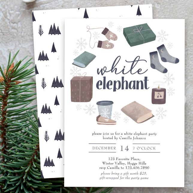 Vitskänkt Julkrans Gavexchange Fest Inbjudningar (White Elephant Holiday Gift Exchange Party Invitation)