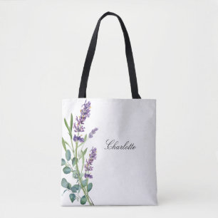 Vitskrift av lavender eucalyptus greenery namn tygkasse