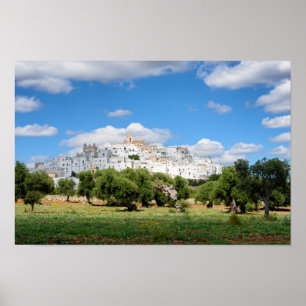 Vitstad Ostuni med olivgröna träd, Puglia affisc Poster
