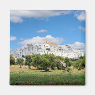 Vitstad Ostuni med olivgröna träd, Puglia magnet