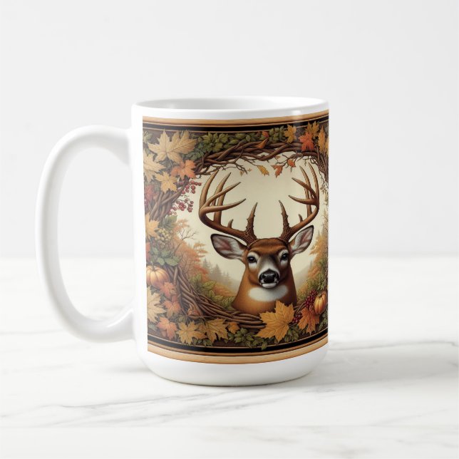 Vitstjärtad hjort omgiven av höstlöv kaffemugg (Vänster)