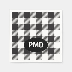 Vitsvart Buffalo Plaid Monogram Initialer Pappersservett