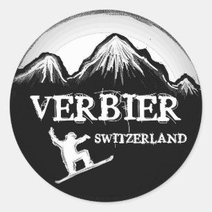 Vitsvarta snöbordsetiketter i Verbier Schweiz Runt Klistermärke