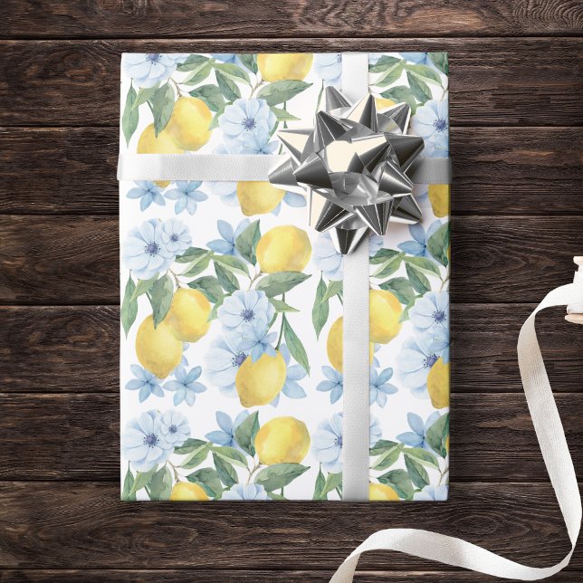Vitt akvarellpapper med citron och blommor present presentpapper (Watercolor Lemon & Blue Flower Gift Wrap for Baby Shower, Birthday or Main Squeeze Bridal Shower)