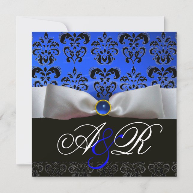VITT BAND BLÅ SAFIR SVART  DAMASK MONOGRAM INBJUDNINGAR (Framsida)