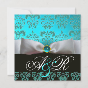 VITT BAND BLÅ TURKOS SVART  DAMASK MONOGRAM INBJUDNINGAR