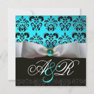 VITT BAND BLÅ TURKOS SVART  DAMASK MONOGRAM INBJUDNINGAR