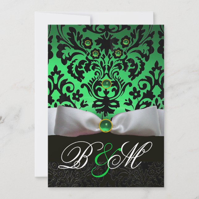 VITT BAND EMERALDGRÖNT  SVART DAMAST MONOGRAM INBJUDNINGAR (Framsida)