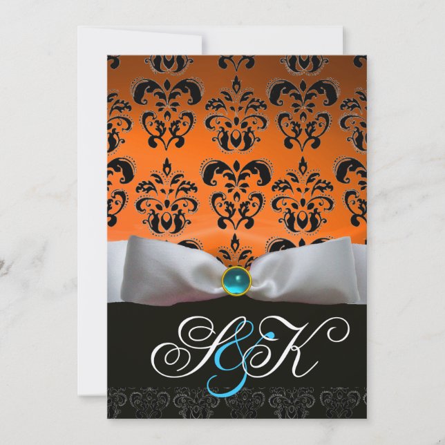 VITT BAND ORANGE BLÅ SVART DAMAST MONOGRAM INBJUDNINGAR (Framsida)