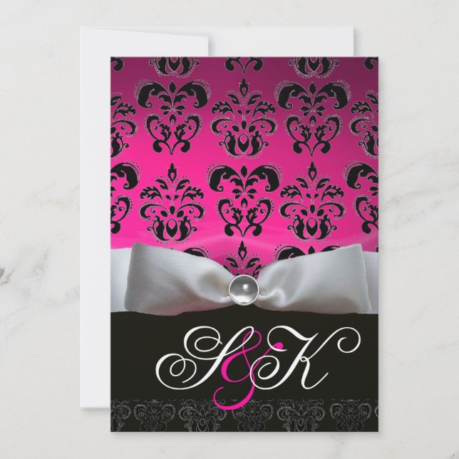 VITT BAND ROSA FUCHSIA SVART  DAMASK MONOGRAM INBJUDNINGAR (Framsida)