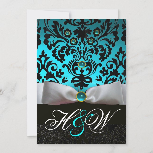 VITT BAND TEAL AKVABLÅ SVART DAMASK MONOGRAM INBJUDNINGAR (Framsida)