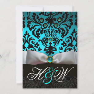 VITT BAND TEAL AKVABLÅ SVART DAMASK MONOGRAM INBJUDNINGAR