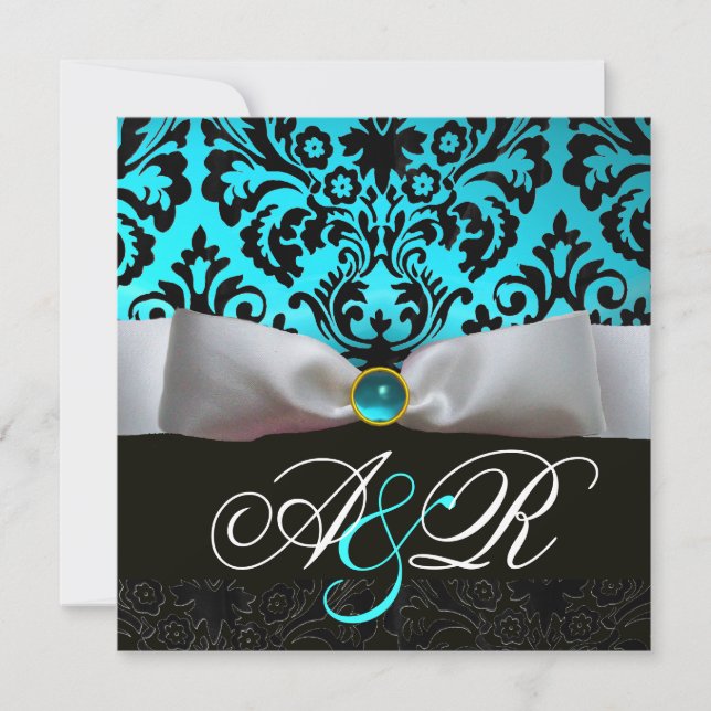 VITT BAND TEAL AKVABLÅ SVART  DAMASK MONOGRAM INBJUDNINGAR (Framsida)