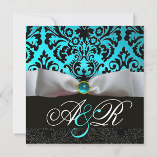 VITT BAND TEAL AKVABLÅ SVART  DAMASK MONOGRAM INBJUDNINGAR