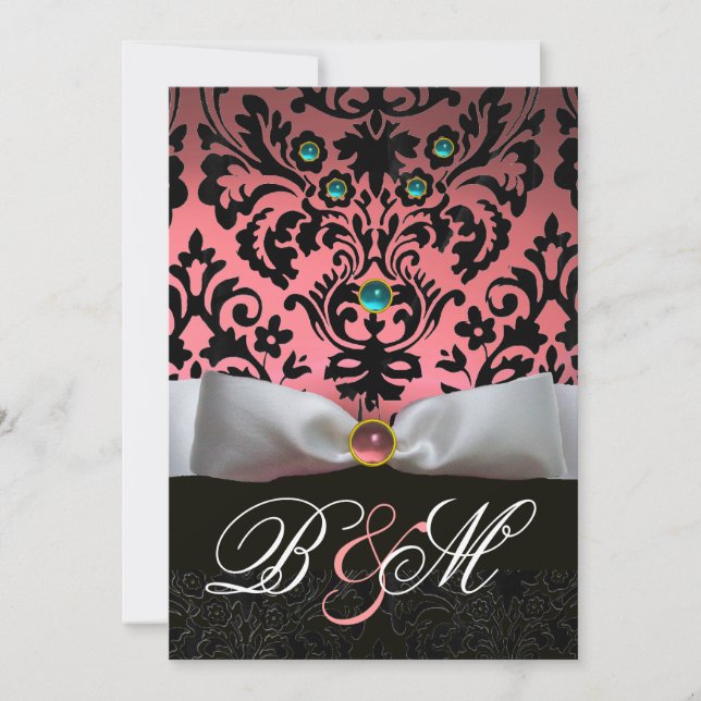VITT BAND TEAL ROSA BLÅ SVART DAMASK MONOGRAM INBJUDNINGAR (Framsida)