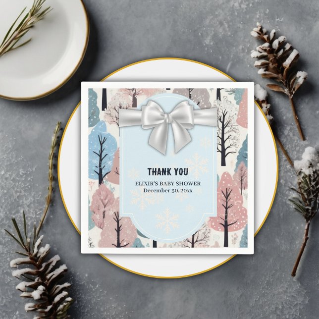 Vitt band Vinter skog Snöflingor Bebis shower Pappersservett (Skapare uppladdad)