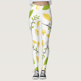 Vitt benmjöl med grönt löv och gult blomma leggings