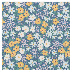 Vitt blått Gula blommor, Blommönster Tyg