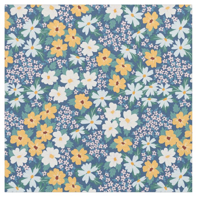 Vitt blått Gula blommor, Blommönster Tyg (Närbild)