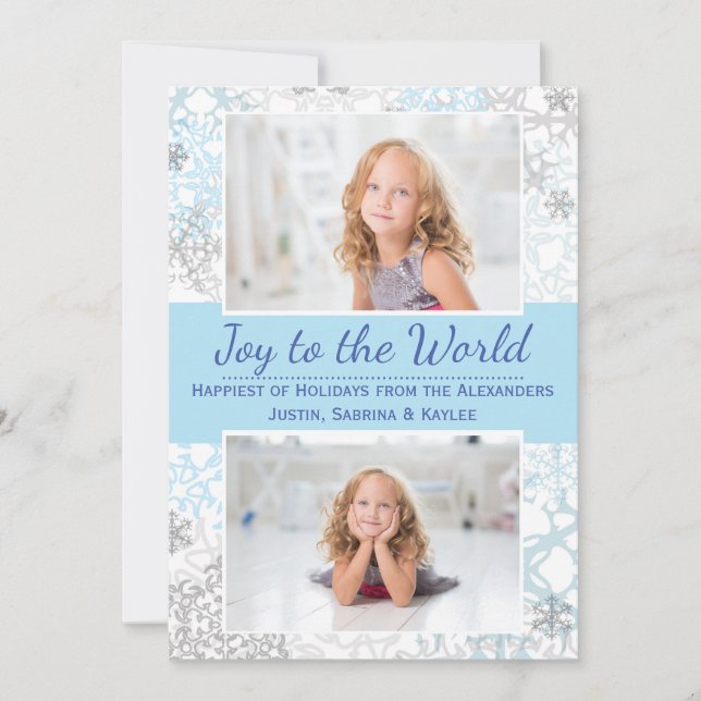 Vitt/blått Snöflingor 2-foto - julkort (Framsida)