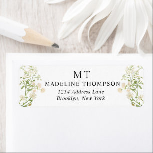 Vitt blommigt vildblommor klassiskt monogram adres returadress etikett
