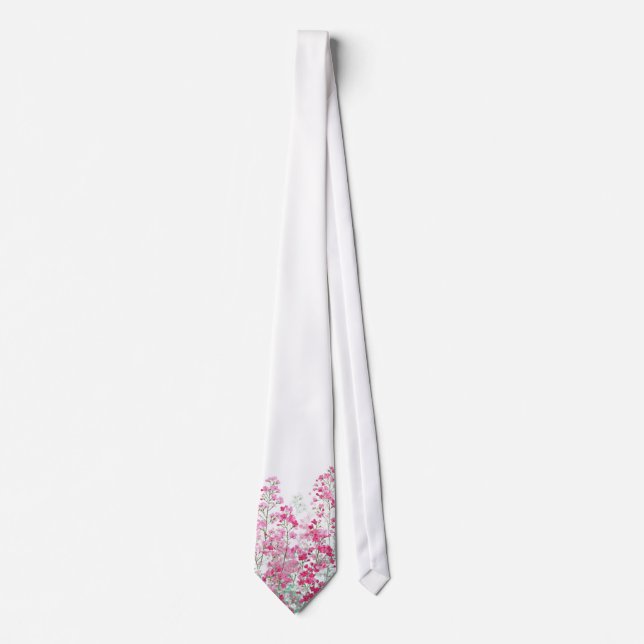 Vitt blommönster med rosa vilda blommor slips (Framsida)