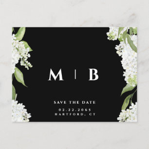 Vitt blomster B/W-monogram bröllop sparad datum Vykort