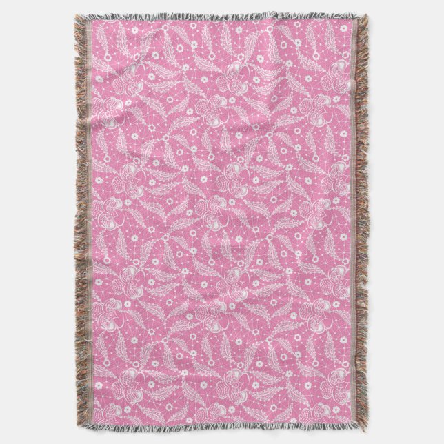 Vitt blomsterbroderi på rosa bakgrund  filt (Framsidan Vertikal)