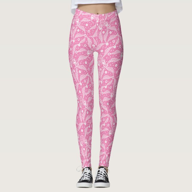 Vitt blomsterbroderi på rosa bakgrund  leggings (Framsida)