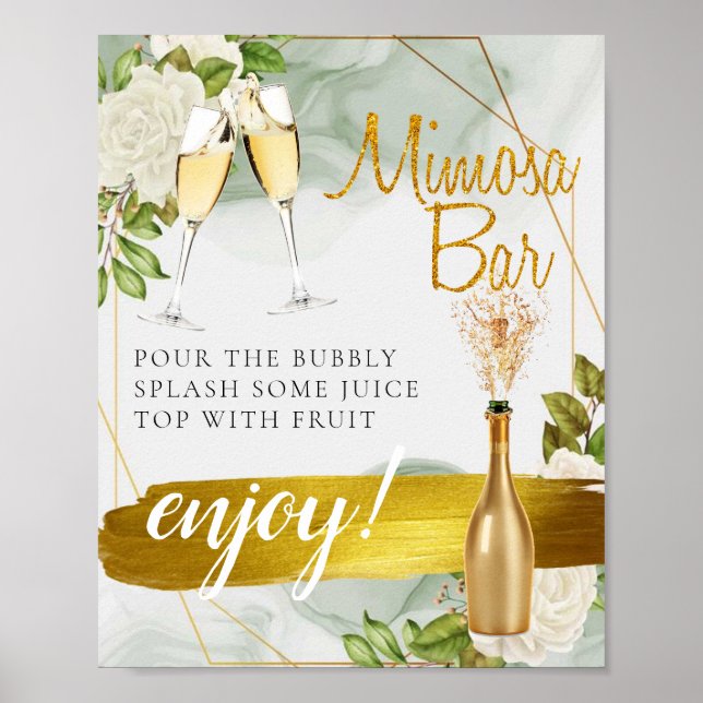 Vitt blomsterbröllopsbrunch Mimosa Bar-skylt Poster (Framsidan)