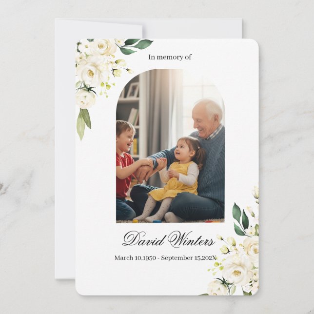 Vitt blomsterdokt dödsannonskort  tack kort (Framsida)