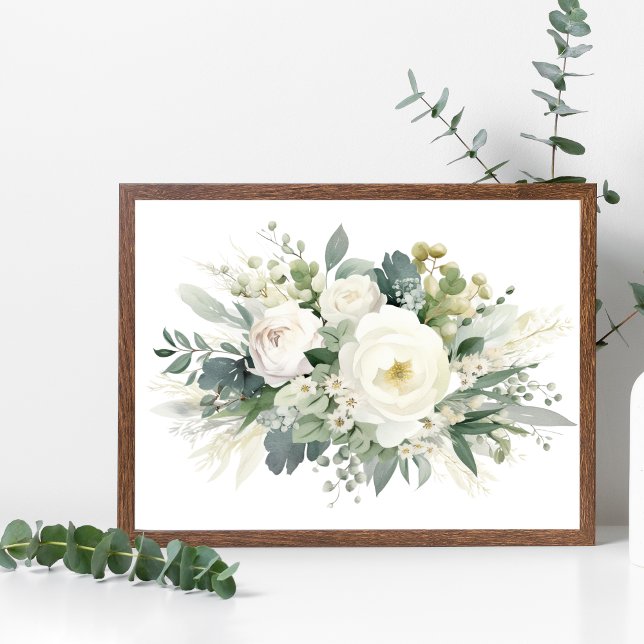 Vitt blomstergrönt akvarell väggkonst affisch (White Floral Flowers Greenery Watercolor Wall Art poster)