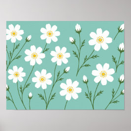 Vitt botaniskt mönster med vilda blommor poster