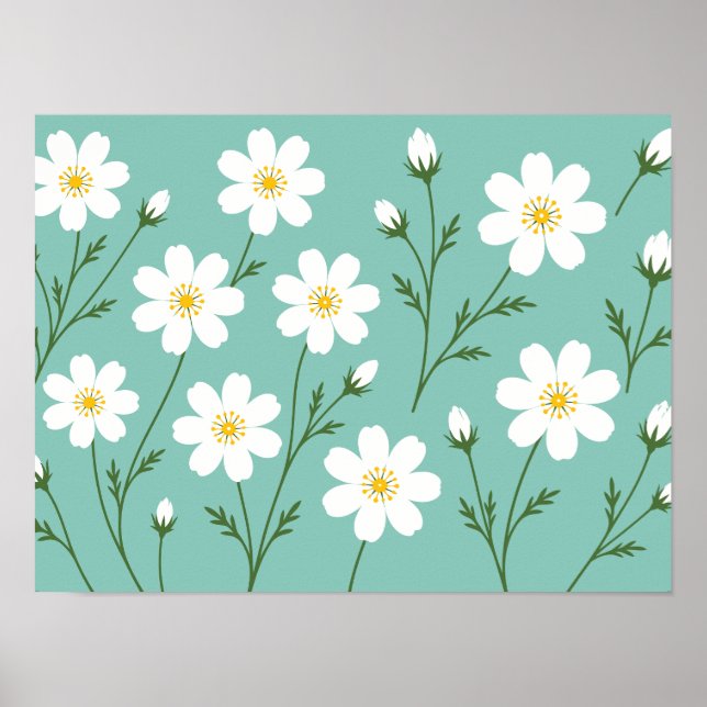 Vitt botaniskt mönster med vilda blommor poster (Framsidan)
